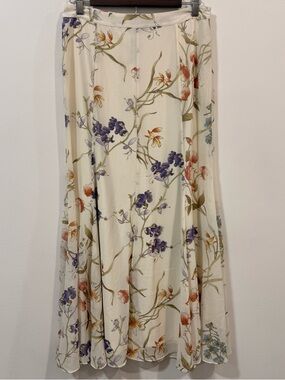 Chico's Black Label Cream Botanical Floral Spring Summer Boho Maxi Skirt Size S